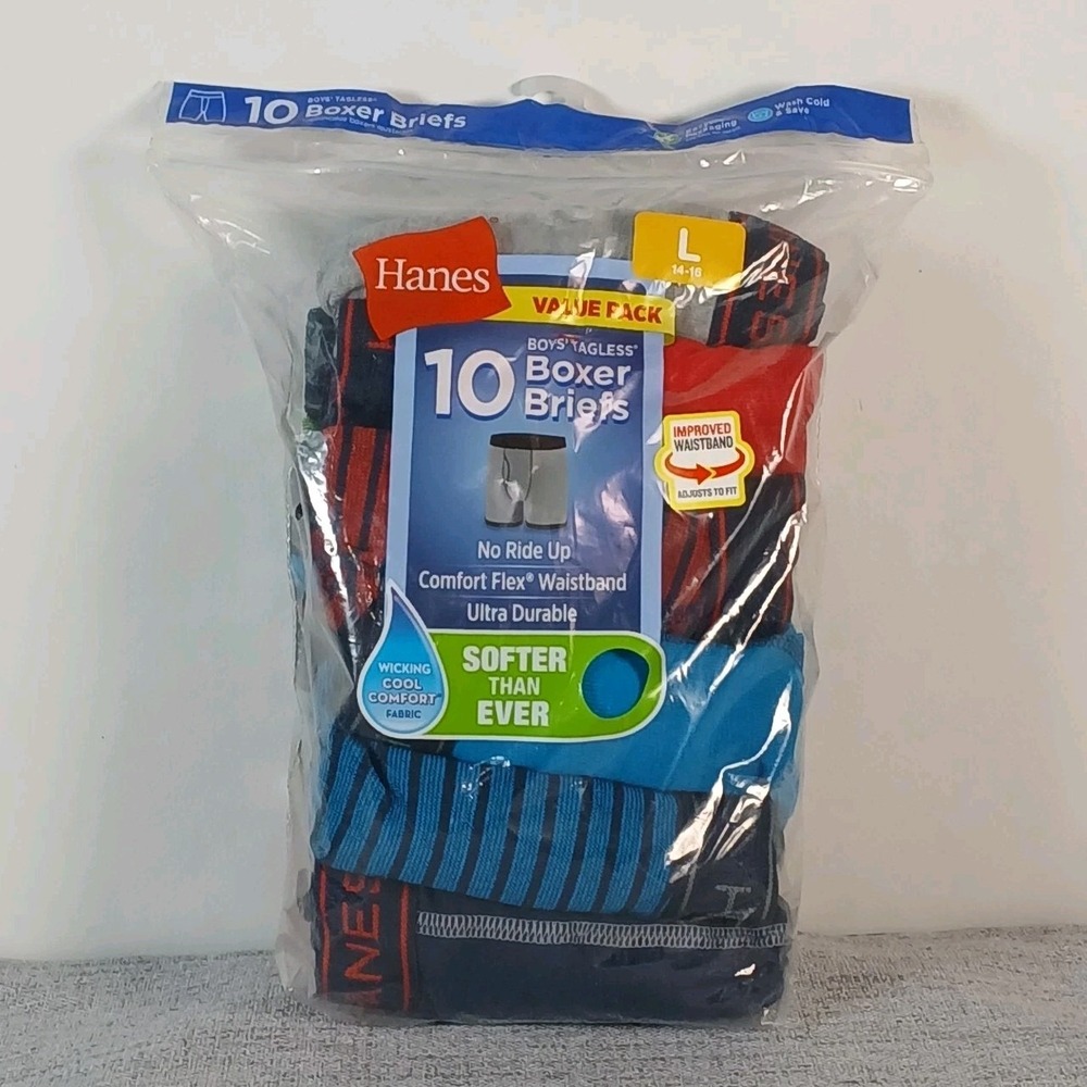 Hanes Large Boys Underwear Boxer Briefs Tagless Cool‎ Comfort Flex 10 Pack